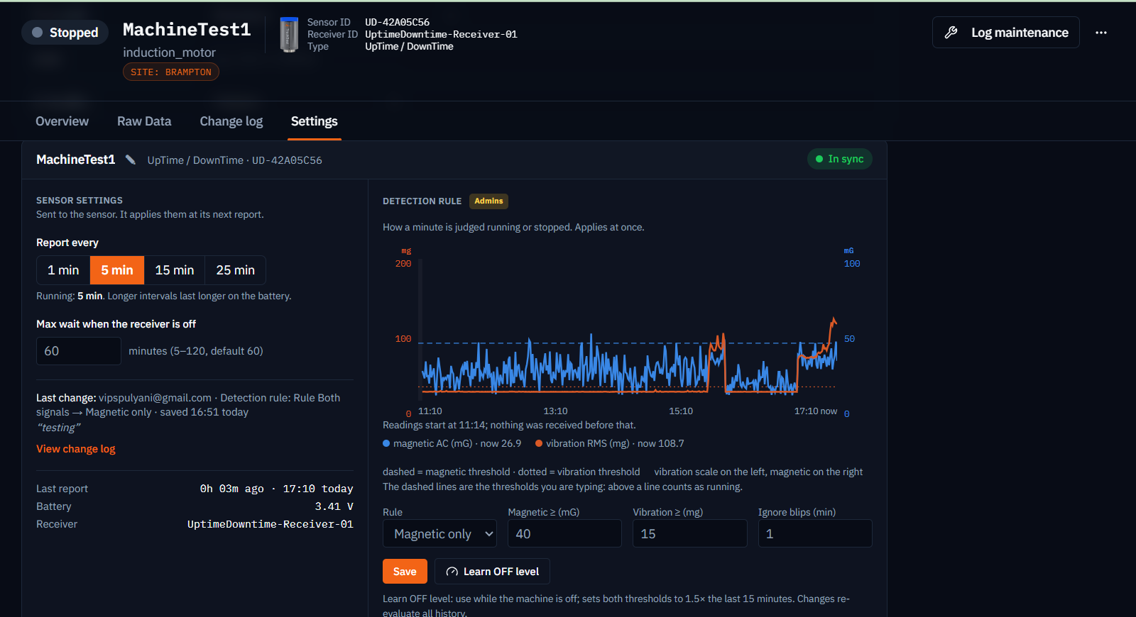 Settings tab showing In sync. Sensor settings: report every 1, 5, 15 or 25 minutes, and max wait when the receiver is off. Detection rule: a chart of the last six hours against the thresholds being typed, with rule, magnetic and vibration thresholds, ignore blips in minutes, Save, and Learn OFF level.